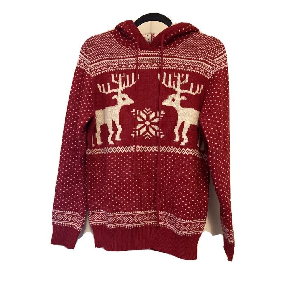 Women's V28 Knitted Red Long Sleeve Hooded Reindeer Christmas Sweater Size Large